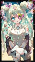 Rule 34 | 1girl, absurdres, aqua eyes, aqua hair, aqua nails, arm tattoo, bare shoulders, black border, blue eyes, blurry, blurry background, border, breasts, bubble, commentary, detached sleeves, double bun, fingernails, hair bun, hatsune miku, highres, kayon (touzoku), open mouth, outside border, pleated skirt, shirt, skirt, sleeveless, sleeveless shirt, small breasts, standing, tattoo, twintails, vocaloid