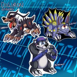 Rule 34 | bearmon, blue eyes, claws, digimon, digimon (creature), dobermon, elecmon (violet), highres, red eyes, solo, spikes, tongue, tongue out
