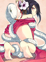 Rule 34 | 1girl, bare shoulders, barefoot, blush, feet, flower, hair flower, hair ornament, hinata sora, japanese clothes, kimono, looking at viewer, looking back, mishaguji, original, red eyes, smile, snake, soles, solo, toes