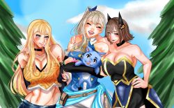 Rule 34 | 3girls, alternate universe, ass, back, bare shoulders, blonde hair, breasts, brown hair, cat, cleavage, cleavage cutout, closed eyes, clothing cutout, crossover, eden&#039;s zero, elie, fairy tail, forest, gloves, hand on another&#039;s shoulder, happy, heroes, highres, huge breasts, large breasts, lips, long hair, looking at another, looking at viewer, lucy heartfilia, midriff, multiple girls, nail polish, nature, navel, official alternate costume, open mouth, rave, rebecca bluegarden, short hair, side ponytail, smile, very long hair, walking, yellow eyes