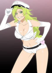 Rule 34 | 1girl, adjusting clothes, adjusting headwear, bleach, breasts, candice catnipp, cleavage, clenched teeth, cowboy shot, elbow gloves, gloves, gradient background, green eyes, green hair, groin, hand on own hip, hat, heart, highres, large breasts, legs, legs apart, lime (purple haze), long hair, navel, short shorts, shorts, simple background, smile, solo, standing, teeth, thighs, wavy hair
