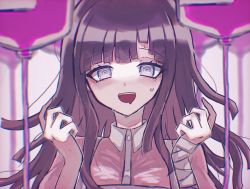 Rule 34 | 1girl, :d, apron, bandaged arm, bandages, blood, blood bag, brown hair, collared shirt, commentary request, crazy eyes, danganronpa (series), danganronpa 2: goodbye despair, donburi (minami don), grey background, hand up, hands up, highres, long hair, looking at viewer, mole, mole under eye, open mouth, pink shirt, purple eyes, shirt, smile, solo, sweat, teeth, tsumiki mikan, upper teeth only