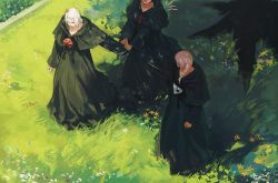 Rule 34 | 3boys, anger vein, black capelet, black robe, braid, bush, capelet, chinese commentary, clothes grab, commentary request, emet-selch, closed eyes, final fantasy, final fantasy xiv, flower, from above, grass, highres, hood, hood down, hooded capelet, hythlodaeus, long sleeves, male focus, mask, unworn mask, medium hair, multiple boys, open mouth, outdoors, purple hair, quxiaochong, robe, short hair, side braid, single braid, sleeve grab, square enix, standing, tree, white hair