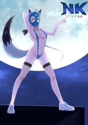 Rule 34 | 1girl, ahoge, animal ears, arm behind head, armpits, blue eyes, blue one-piece swimsuit, blue panties, blue slingshot swimsuit, braid, breasts, cameltoe, commentary request, covered erect nipples, fishnet thighhighs, fishnets, fox ears, fox girl, fox shadow puppet, fox tail, full body, full moon, hentai kamen, highres, hololive, long hair, looking at viewer, medium breasts, moon, navel, night, object on head, one-piece swimsuit, outdoors, panties, panties on head, pentagram, shirakami fubuki, shoes, side braid, single braid, slingshot swimsuit, sneakers, solo, standing, swimsuit, tail, thighhighs, underwear, virtual youtuber, white footwear, white hair, zabudog777