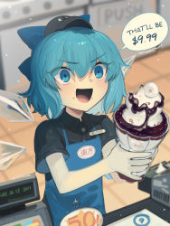 Rule 34 | 1girl, :d, alternate costume, apron, black shirt, blue apron, blue eyes, blue hair, blurry, blurry background, blush, boa (brianoa), cash register, cashier, character name, cirno, commentary, copyright name, crumbs, employee uniform, english commentary, english text, food, food bite, food on face, from above, glint, hair between eyes, hands up, highres, holding, holding food, ice, ice cream, ice wings, indoors, open mouth, shirt, shop, short hair, short sleeves, smile, solo, tile floor, tiles, touhou, twitter username, uniform, v-shaped eyebrows, wings