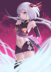 Rule 34 | 1girl, absurdres, black footwear, boots, crop top, detached sleeves, fate/grand order, fate (series), hair ribbon, highres, jewelry, kama (fate), kama (first ascension) (fate), long sleeves, midriff, miniskirt, navel, nekobell, purple background, purple eyes, purple skirt, purple sleeves, red ribbon, ribbon, ring, short hair, silver hair, skirt, smile, solo, standing, stomach, thigh boots, thighhighs