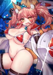 Rule 34 | 1girl, :d, animal ear fluff, animal ears, armor, armpits, bikini armor, blush stickers, breasts, bright pupils, cape, cosplay, cowboy shot, diadem, elbow gloves, elizabeth bathory (brave) (fate), elizabeth bathory (brave) (fate) (cosplay), elizabeth bathory (fate), fang, fate/grand order, fate (series), fox ears, fox tail, gem, gloves, holding, holding shield, holding sword, holding weapon, large breasts, long hair, looking at viewer, navel, open mouth, osiimi, pauldrons, pink hair, red armor, shield, shoulder armor, signature, skindentation, smile, solo, sword, tail, tamamo (fate), tamamo cat (fate), tamamo no mae (fate/extra), thighhighs, twintails, vambraces, weapon, white cape