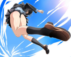 Rule 34 | 1girl, amagami, ass, black eyes, black hair, from below, nanasaki ai, one-piece swimsuit, perspective, school uniform, shino (comic penguin club), short hair, swimsuit, swimsuit under clothes