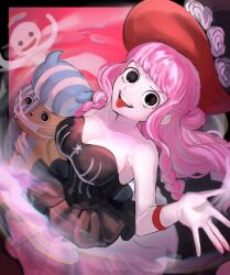 Rule 34 | 1girl, black border, black hat, border, breasts, cleavage, eyelashes, hat, highres, holding, holding stuffed toy, kumacy, large breasts, leon0630claude, long hair, one piece, outside border, perona, pink hair, red hat, solo, stuffed toy, tongue, tongue out, two-sided fabric, two-sided headwear, v-shaped eyebrows