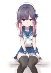 Rule 34 | 1girl, between legs, black thighhighs, blue neckerchief, blue ribbon, blue skirt, buttons, commentary request, full body, gloves, gradient hair, hair ornament, hairclip, hand between legs, hat, highres, kamaboko senshi, kantai collection, looking at viewer, multicolored hair, neckerchief, panties, pleated skirt, puffy short sleeves, puffy sleeves, purple eyes, purple hair, ribbon, sailor hat, school uniform, serafuku, short hair, short sleeves, sidelocks, simple background, sitting, skirt, smile, solo, thighhighs, tsushima (kancolle), underwear, white background, white gloves, white panties
