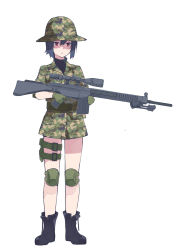 Rule 34 | 1girl, akagawa007, bad id, bad pixiv id, battle rifle, black hair, boots, bucket hat, camouflage, full body, gloves, green gloves, gun, h&amp;k g3, hat, highres, holding, holding gun, holding weapon, knee pads, military, military uniform, original, red eyes, rifle, safari hat, scope, short hair, short sleeves, simple background, sniper rifle, solo, standing, thigh strap, trigger discipline, turtleneck, uniform, weapon, white background