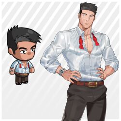 Rule 34 | 1boy, absurdres, bara, bow, bowtie, chibi, collared shirt, cowboy shot, ero condo, facial hair, goatee stubble, highres, kienbiu, light smile, looking to the side, male focus, nguyen hoan (ero condo), official alternate costume, paid reward available, pants, pectoral cleavage, pectorals, shirt, short hair, simple background, solo, standing, stubble, toned, toned male, undone bowtie, watch, wristwatch
