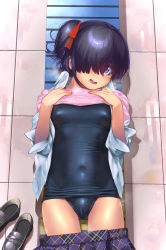 Rule 34 | 1girl, ariduka anto, black hair, blue one-piece swimsuit, blue school swimsuit, blush, breasts, clothes pull, covered navel, cowboy shot, dress shirt, gluteal fold, hair over eyes, hair over one eye, hair ribbon, highres, indoors, loafers, looking at viewer, lying, mole, mole under eye, mole under mouth, old school swimsuit, on back, one-piece swimsuit, one side up, open clothes, open mouth, open shirt, plaid, plaid skirt, pleated skirt, purple eyes, red ribbon, ribbon, school swimsuit, school uniform, second-party source, shiden (sashimi no wife), shiny clothes, shirt, shoes, unworn shoes, short hair, side ponytail, skirt, skirt pull, small breasts, smile, solo, steam, steaming body, sweat, swimsuit, swimsuit under clothes, tile floor, tiles, towel, twintails, undressing, virtual ant channel, virtual youtuber, white shirt
