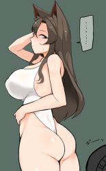 Rule 34 | ..., animal ears, ass, breasts, brown hair, commentary request, imaizumi kagerou, large breasts, leotard, long hair, red eyes, speech bubble, sweatdrop, touhou, unadare, unamused, white leotard, wolf ears