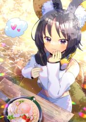 Rule 34 | ..., 1girl, animal ear fluff, animal ears, bare shoulders, black hair, brown eyes, closed mouth, collarbone, commentary request, commission, creatures (company), crop top, detached sleeves, emolga, food, food request, fork, fruit, game freak, gen 5 pokemon, headphones, headphones around neck, holding, holding fork, kou hiyoyo, long sleeves, looking at viewer, midriff, nintendo, pants, personification, pokemon, skeb commission, smile, solo, spoken ellipsis, strawberry, tank top, white pants, white sleeves, white tank top