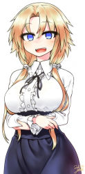 Rule 34 | 1girl, absurdres, blonde hair, blue eyes, blush, breasts, fang, frilled shirt, frills, highres, himekawa hinari, large breasts, long hair, looking at viewer, low twintails, meme attire, open mouth, original, shirt, simple background, smile, solo, twintails, virgin killer outfit, white background, yoshida hideyuki