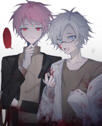 Rule 34 | +++, 2boys, atou haruki, black jacket, blank speech bubble, blood, blood on clothes, blood on face, blue eyes, brown shirt, brown sweater, chinese commentary, closed mouth, commentary request, glasses, highres, jacket, kanou aogu, lab coat, long sleeves, male focus, multiple boys, open clothes, open jacket, open mouth, pink hair, red eyes, ribbed sweater, saibou shinkyoku, shirt, short hair, smile, speech bubble, spoilers, sweater, turtleneck, turtleneck sweater, white hair, yixiao