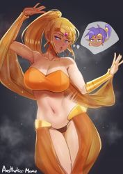 Rule 34 | 1girl, aestheticc-meme, alternate costume, arabian clothes, arm up, artist name, bandeau, bare shoulders, belly dancer, black panties, blonde hair, blue eyes, blush, breasts, circlet, cleavage, collarbone, cosplay, dancing, earrings, female focus, gem, gluteal fold, gold, grey background, hagoromo, half-closed eyes, hand up, harem pants, high ponytail, highres, hoop earrings, jewelry, jpeg artifacts, large breasts, long hair, looking to the side, metroid, mole, mole under mouth, motion lines, nail polish, navel, nintendo, nose blush, orange bandeau, orange nails, orange pants, panties, pants, parted lips, possessed, possession, purple gemstone, revealing clothes, samus aran, see-through, shantae, shantae (cosplay), shantae (series), shawl, sidelocks, signature, simple background, solo focus, sparkle, spirit (super smash bros.), standing, steam, steaming body, stomach, string panties, sweat, teeth, thought bubble, toned, underwear, vambraces