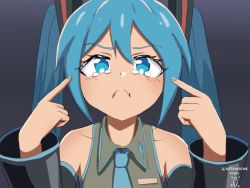 Rule 34 | 1girl, among us, among us eyes (meme), blue eyes, blue hair, blush, collared shirt, crewmate (among us), crying, dated, detached sleeves, digiral, frown, hair ornament, hatsune miku, highres, long hair, long sleeves, meme, nail polish, necktie, pointing, pointing at self, shirt, sleeveless, sleeveless shirt, solo, tears, twintails, vocaloid