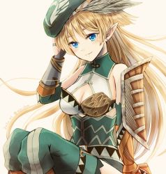 Rule 34 | 1girl, azu chou, blonde hair, blue eyes, blush, breasts, cleavage, cleavage cutout, clothing cutout, dated, ear piercing, elf, highres, kris bernal, long hair, long pointy ears, looking at viewer, piercing, pointy ears, pop-up story, smile, solo, twitter username, white background