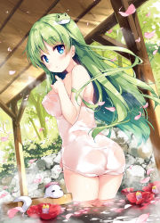 Rule 34 | 1girl, = =, animal, ass, bare arms, bare shoulders, blue eyes, blush, breasts, bush, commentary request, covered erect nipples, cowboy shot, dutch angle, flower, frog hair ornament, green hair, hair ornament, kochiya sanae, large breasts, long hair, looking at viewer, looking back, miyase mahiro, naked towel, onsen, parted lips, petals, plant, red flower, rock, snake, solo, standing, steam, thighs, touhou, towel, tree, water, white snake