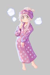 Rule 34 | 1girl, ahoge, barefoot, bathrobe, brown eyes, commentary, english commentary, full body, grey background, gustavo schuler, hair between eyes, hair up, highres, long sleeves, looking at viewer, onii-chan wa oshimai!, oyama mahiro, pink hair, sidelocks, simple background, smile, solo, steam, towel, towel on head