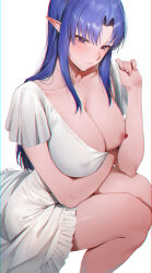Rule 34 | 1girl, absurdres, blue eyes, breasts, cleavage, collarbone, covered nipples, dated commentary, dress, elf, fate/stay night, fate (series), highres, large breasts, looking at viewer, medea (fate), nipples, pointy ears, rororo, simple background, solo, white background, white dress