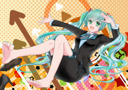 Rule 34 | 1girl, aqua eyes, aqua hair, aqua nails, arrow (projectile), barefoot, black footwear, black jacket, black skirt, buttons, circle, commentary, feet, foot up, formal, full body, hair ornament, hatsune miku, high heels, highres, jacket, knee up, long hair, looking at viewer, nail polish, necktie, open mouth, outstretched arm, polka dot, polka dot background, salute, satowaka miharu, shirt, shoes, short necktie, sitting, skirt, smile, soles, solo, star (symbol), suit, toes, triangle, twintails, two-tone neckwear, uniform, very long hair, vocaloid, white shirt