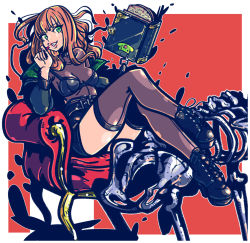 Rule 34 | 1girl, black bra, black footwear, black shorts, black thighhighs, bodystocking, book, boots, bra, brown hair, commission, floating, floating book, floating object, green eyes, green jacket, head tilt, indie virtual youtuber, jacket, journey croix, long hair, parted lips, rolan-ce, shadow, shorts, sitting, skeb commission, smile, thighhighs, underwear, virtual youtuber