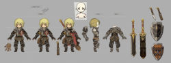 Rule 34 | armor, artist request, blonde hair, concept art, dagger, knife, marcus stern, multiple views, project phoenix, shield, sketch, sword, turnaround, variations, weapon, weapon bag