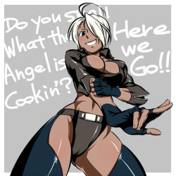 Rule 34 | 1girl, ahoge, angel (kof), blue eyes, breasts, chaps, cleavage, dark-skinned female, dark skin, dynamite-kit, english text, fingerless gloves, gloves, hair over one eye, midriff, parody, sleeves rolled up, snk, solo, the king of fighters, the rock (dwayne johnson), thighhighs, white hair, wwe