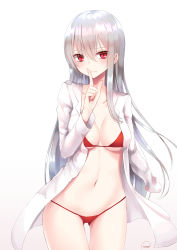 Rule 34 | 1girl, amputee, bikini, bikini under clothes, cloud, commentary request, expressionless, finger to mouth, gluteal fold, gradient background, hair between eyes, hand up, highres, lab coat, legs apart, long hair, long sleeves, looking at viewer, navel, original, piripun, red bikini, red eyes, signature, solo, standing, stomach, swimsuit, very long hair, white hair
