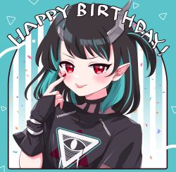 Rule 34 | 1girl, absurdres, akanbe, black dress, black hair, blue hair, blush, closed mouth, commentary request, demon girl, demon horns, dress, eye of providence, eyelid pull, fingernails, flat chest, happy birthday, highres, horns, kino haruc, looking at viewer, medium hair, multicolored hair, nanashi inc., official alternate costume, one side up, pointy ears, red eyes, red nails, shishio chris, shishio chris (3rd costume), short sleeves, smile, solo, tongue, tongue out, two-tone hair, upper body, virtual youtuber, zipper