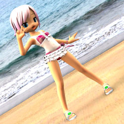 Rule 34 | 1girl, 3d, beach, bikini, character request, child, looking at viewer, open mouth, outdoors, shiny skin, short hair, swimsuit, tagu-2, v