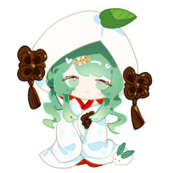 Rule 34 | 1girl, chinese commentary, green eyes, green hair, half-closed eyes, hatsune miku, indai (3330425), japanese clothes, leaf, leaf on head, simple background, snow rabbit, solo, vocaloid, white background, yuki miku