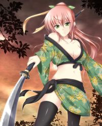 Rule 34 | 1girl, black thighhighs, breasts, cleavage, crop top, green eyes, hair ornament, hair ribbon, holding, holding weapon, japanese clothes, jiino, long hair, midriff, navel, original, outdoors, pink hair, ponytail, ribbon, solo, thighhighs, weapon, yellow ribbon