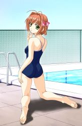Rule 34 | 00s, 1girl, antenna hair, barefoot, bow, braid, chain-link fence, competition school swimsuit, feet, fence, from behind, green eyes, hair bow, hair intakes, highres, kimi ga nozomu eien, looking at viewer, looking back, norizou type-r, one-piece swimsuit, pool, pool ladder, poolside, school swimsuit, solo, suzumiya haruka, swimsuit