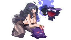 Rule 34 | 1girl, 3others, absurdres, ahoge, alternate breast size, bare shoulders, blueisalanguage, blush, bra, breasts, cleavage, creatures (company), embarrassed, game freak, gastly, gen 1 pokemon, gengar, ghost, hairband, haunter, hex maniac (pokemon), highres, large breasts, long hair, messy hair, multiple others, nintendo, open mouth, pokemon, pokemon (creature), pokemon xy, purple eyes, purple hair, purple hairband, simple background, thighhighs, underwear, white background