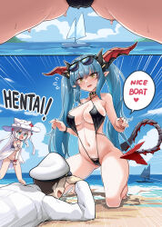Rule 34 | 1boy, 2girls, 2koma, aqua hair, azur lane, bare arms, bare legs, bare shoulders, beach, bikini, black choker, black one-piece swimsuit, blush, breasts, choker, cleavage, collarbone, comic, commander (azur lane), commentary, criss-cross halter, day, dragon horns, dragon tail, english commentary, english text, green eyes, grey hair, hair bobbles, hair ornament, halterneck, hammann (azur lane), hammann ii (another rebellious summer) (azur lane), hammann ii (azur lane), hat, heart, highres, hm (hmongt), horns, kneeling, large breasts, legs apart, looking at another, looking at crotch, mechanical horns, mechanical tail, meme, multiple girls, nail polish, navel, nice boat (meme), ocean, one-piece swimsuit, outdoors, pointing, pointing at another, pointy ears, red nails, regensburg (azur lane), regensburg (dark dragon brilliant beach) (azur lane), sand, slingshot swimsuit, slit pupils, speech bubble, spoken heart, standing, stomach, sun hat, sunglasses, sunlight, sweat, swimsuit, tail, twintails, two side up, water, white headwear, wristband, yacht, yellow eyes