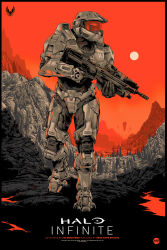 Rule 34 | 1boy, absurdres, armor, artist name, assault rifle, bullpup, commentary, copyright name, english commentary, gun, halo (series), halo infinite, highres, holding, holding gun, holding weapon, ken taylor, logo, ma5, male focus, master chief, mountain, official art, power armor, rifle, science fiction, solo, spartan (halo), tree, trigger discipline, visor, weapon