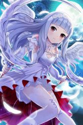Rule 34 | 1girl, absurdres, alternative girls, angel wings, armlet, closed mouth, full moon, hair ornament, highres, hiiragi tsumugi, holding, holding weapon, jewelry, long hair, looking at viewer, moon, night, night sky, official art, silver hair, sky, solo, weapon, white legwear, wings