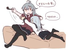 Rule 34 | 10s, 2girls, ahoge, betchan, black legwear, black skirt, brown shirt, commentary request, gangut (kancolle), grey hair, hibiki (kancolle), holding, holding smoking pipe, kantai collection, long hair, long sleeves, miniskirt, multiple girls, orange eyes, pantyhose, pleated skirt, ranguage, russian text, school uniform, serafuku, shirt, short sleeves, skirt, smoking pipe, speech bubble, thighhighs, translation request, white background