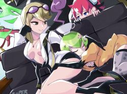 Rule 34 | aiba ami, alphamon, blonde hair, blue eyes, breasts, closed eyes, collar, digimon, digimon story: cyber sleuth, glasses on head, goggles, goggles on head, kishibe rie, kuremi kyouko, long hair, looking at another, lordknightmon, medium breasts, red hair, sidetail, yellow eyes