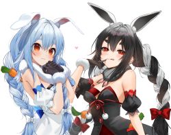 Rule 34 | 2girls, :p, alternate color, alternate hair color, animal ear fluff, animal ears, bare shoulders, black dress, black gloves, black hair, blue hair, blush, bow, braid, carrot hair ornament, closed mouth, detached sleeves, don-chan (usada pekora), dress, dual persona, finger to mouth, fingerless gloves, food-themed hair ornament, fur scarf, gloves, gotou (nekocat), hair between eyes, hair bow, hair ornament, heart, highres, hololive, long hair, looking at viewer, multicolored hair, multiple girls, own hands together, palette swap, puffy short sleeves, puffy sleeves, rabbit-shaped pupils, rabbit ears, red bow, red eyes, short sleeves, simple background, symbol-shaped pupils, thick eyebrows, tongue, tongue out, twin braids, twintails, two-tone hair, upper body, usada pekora, usada pekora (1st costume), very long hair, virtual youtuber, white background, white bow, white dress, white hair