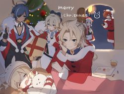 Rule 34 | 3boys, 3girls, albedo (genshin impact), alternate costume, antenna hair, bed, black gloves, blanket, blonde hair, blue eyes, blue hair, blush, box, child&#039;s drawing, christmas, christmas tree, closed eyes, commentary request, crayon, dark-skinned male, dark skin, diluc (genshin impact), dress, drooling, eyepatch, finger to mouth, fingerless gloves, genshin impact, gift, gift box, gloves, hat, highres, holding, jacket, jean (genshin impact), kaeya (genshin impact), klee (genshin impact), kuragegeso, long hair, merry christmas, mouth drool, multicolored hair, multiple boys, multiple girls, noelle (genshin impact), open mouth, pointy ears, pom pom (clothes), ponytail, red eyes, red hair, sack, scarf, sketchbook, sleeping, smile, streaked hair, sweat, thumbs up
