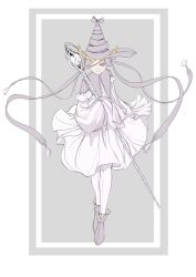 Rule 34 | 1girl, ankle boots, blonde hair, boots, bow, double bun, dress, fake horns, frilled sleeves, frills, frown, full body, grey bow, grey ribbon, hair bow, hair bun, hair ribbon, hat, hat bow, highres, holding, holding staff, horns, ininia (tongari boushi no atelier), long sleeves, looking at viewer, one eye covered, orb, pantyhose, pointy hair, puffy long sleeves, puffy sleeves, purple eyes, ribbon, sleeves past fingers, sleeves past wrists, solo, staff, tassel, tongari boushi no atelier, white dress, wizard hat, yooooo53871