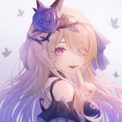 Rule 34 | 1girl, bare shoulders, blonde hair, blue flower, blue rose, breasts, bug, butterfly, choker, covered eyes, eyes visible through hair, finger to mouth, flower, hair flower, hair ornament, hair over one eye, highres, honkai (series), honkai impact 3rd, insect, large breasts, long hair, looking at viewer, looking back, mole, mole under eye, nail polish, nalukikiki, parted lips, pink eyes, purple eyes, rita rossweisse, rita rossweisse (fallen rosemary), rose, solo, thorns, white background