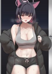 1girl absurdres animal_ears black_hair black_jacket black_shorts blue_archive blush breasts cat_ears cat_girl cleavage colored_inner_hair cowboy_shot dolphin_shorts down_jacket espresso_1004 grey_sports_bra halo highres jacket kazusa_(blue_archive) large_breasts multicolored_hair navel open_clothes open_jacket pink_hair pink_halo short_hair shorts solo sports_bra sweat tongue tongue_out