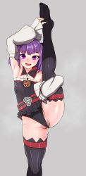 Rule 34 | 1girl, :d, black panties, black thighhighs, blunt bangs, breasts, censored, detached sleeves, fate/grand order, fate (series), female focus, flexible, gluteal fold, helena blavatsky (fate), highres, looking at viewer, mosaic censoring, open mouth, panties, partially visible vulva, purple eyes, purple hair, shiny skin, simple background, small breasts, smile, solo, split, standing, standing on one leg, standing split, teeth, thighhighs, uenoshita sayuu, underwear, upper teeth only
