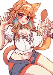 Rule 34 | 2girls, :3, absurdres, alternate breast size, alternate costume, animal ears, bird, breasts, cat ears, cat girl, cat tail, chibi, chibi inset, chicken, chicken (food), chicken leg, cleavage, curvy, food, fox girl, fried chicken, fruit, highres, hololive, hololive english, indie virtual youtuber, kireina (osiimi), large breasts, looking at viewer, multiple girls, official alternate costume, orange hair, osiimi, shorts, sitting, sketch, strawberry, tail, takanashi kiara, takanashi kiara (casual), thick thighs, thighs, unfinished, virtual youtuber, white background, wide hips